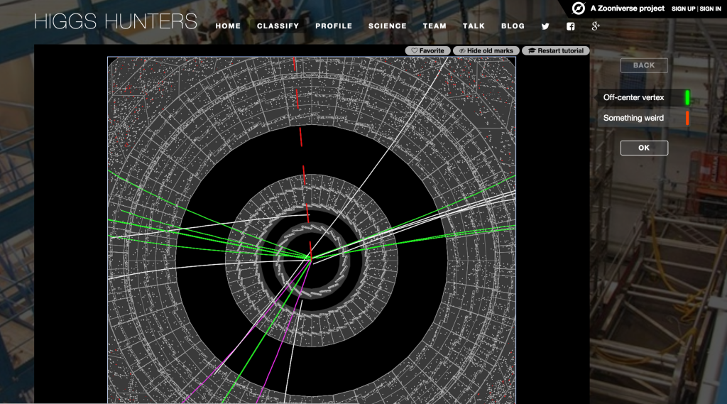Screenshot of the crowd-sourced science site HiggsHunters which gets users to identify Higgs like particle decays.
